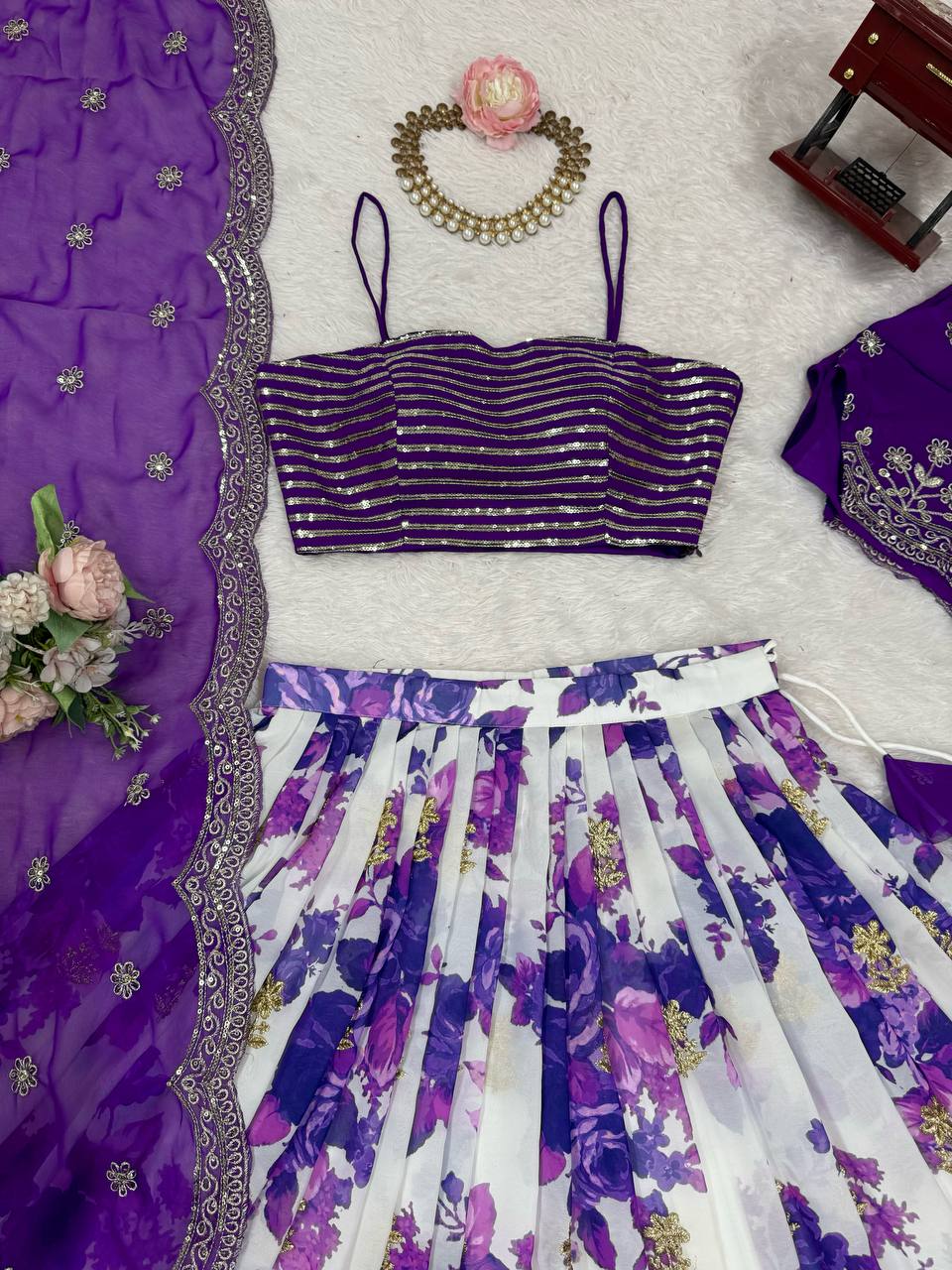 White and Purple Color Floral Print Western Lehenga Choli
