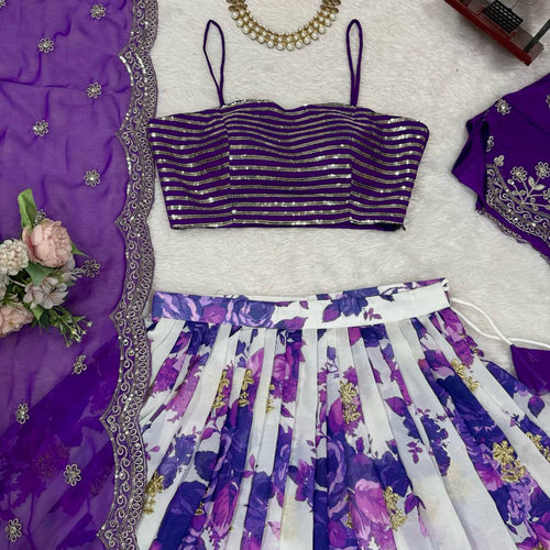White and Purple Color Floral Print Western Lehenga Choli