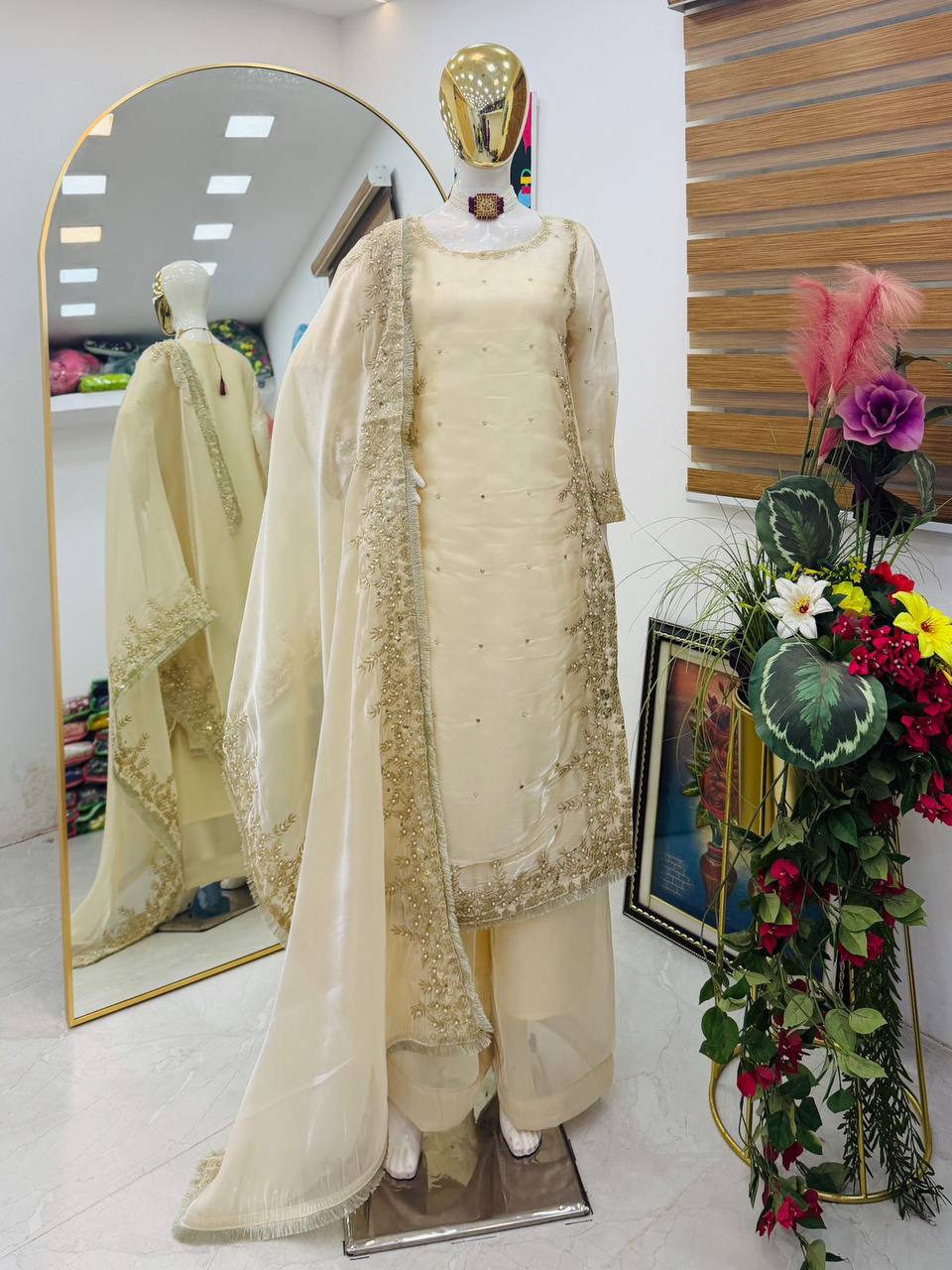 Cream Color Party Wear Embroidery Work Palazzo Suit