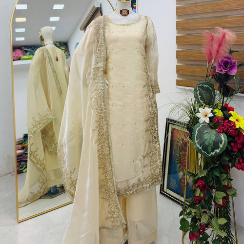 Cream Color Party Wear Embroidery Work Palazzo Suit