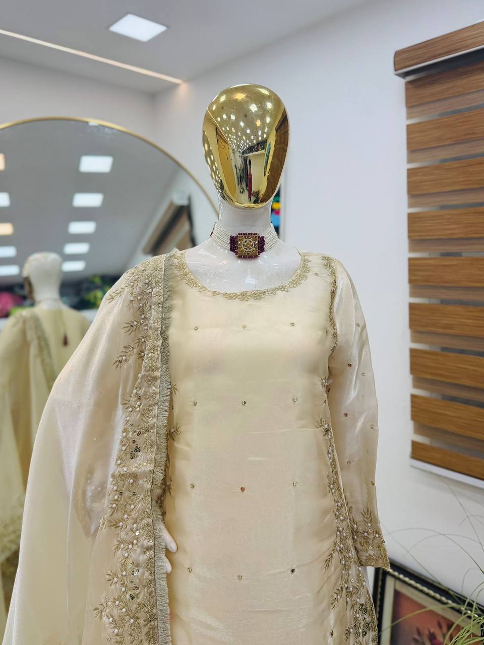 Cream Color Party Wear Embroidery Work Palazzo Suit