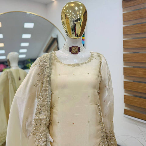 Cream Color Party Wear Embroidery Work Palazzo Suit