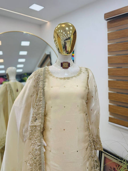 Cream Color Party Wear Embroidery Work Palazzo Suit