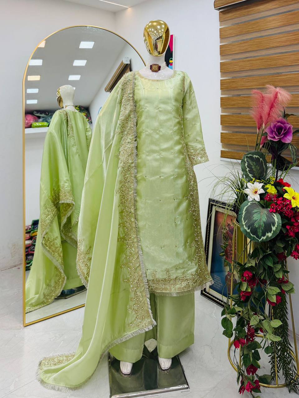 Pista Green Color Party Wear Embroidery Work Palazzo Suit