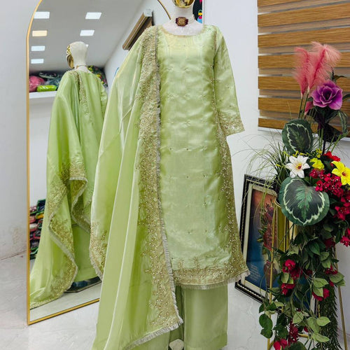 Pista Green Color Party Wear Embroidery Work Palazzo Suit
