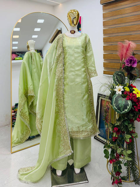 Pista Green Color Party Wear Embroidery Work Palazzo Suit