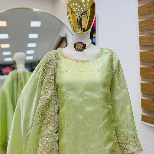 Pista Green Color Party Wear Embroidery Work Palazzo Suit