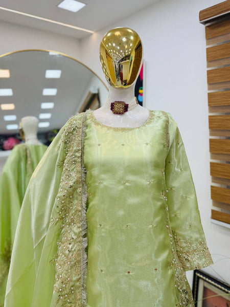 Pista Green Color Party Wear Embroidery Work Palazzo Suit