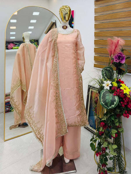 Peach Color Party Wear Embroidery Work Palazzo Suit