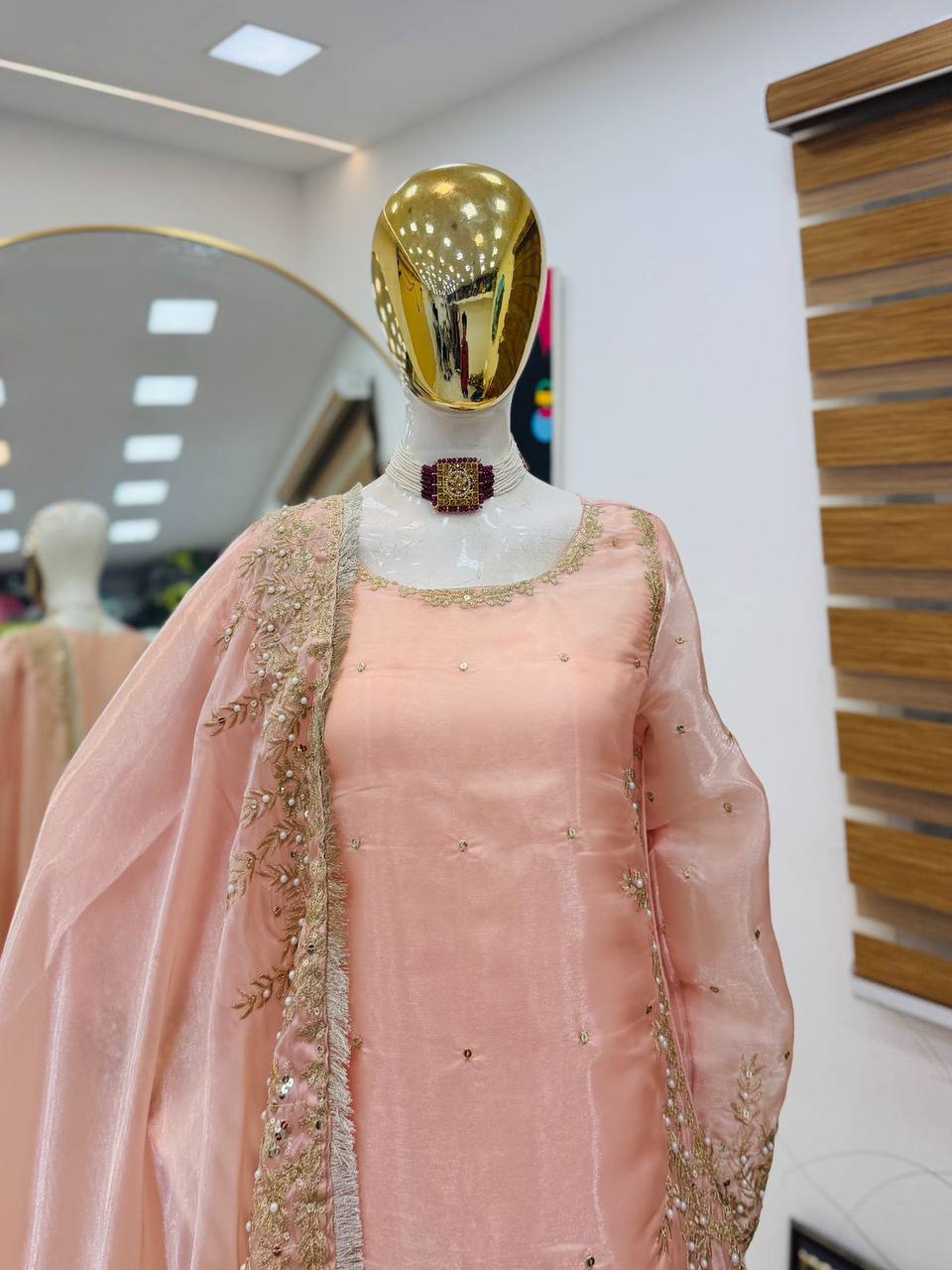 Peach Color Party Wear Embroidery Work Palazzo Suit