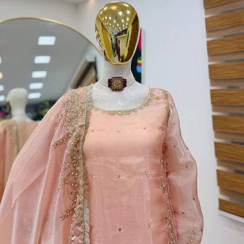 Peach Color Party Wear Embroidery Work Palazzo Suit