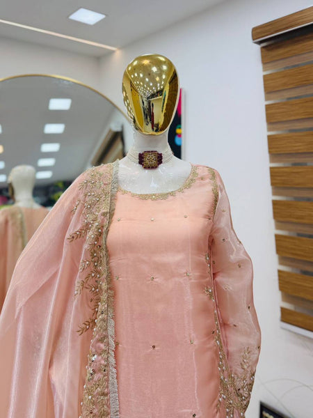 Peach Color Party Wear Embroidery Work Palazzo Suit