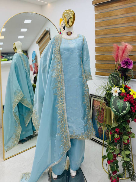 Sky Color Party Wear Embroidery Work Palazzo Suit