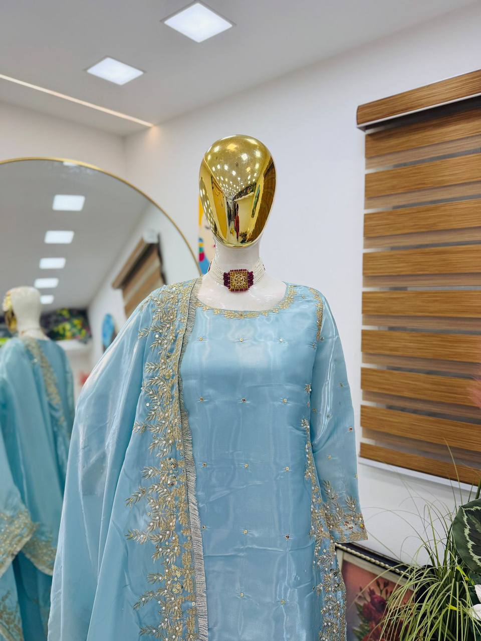 Sky Color Party Wear Embroidery Work Palazzo Suit