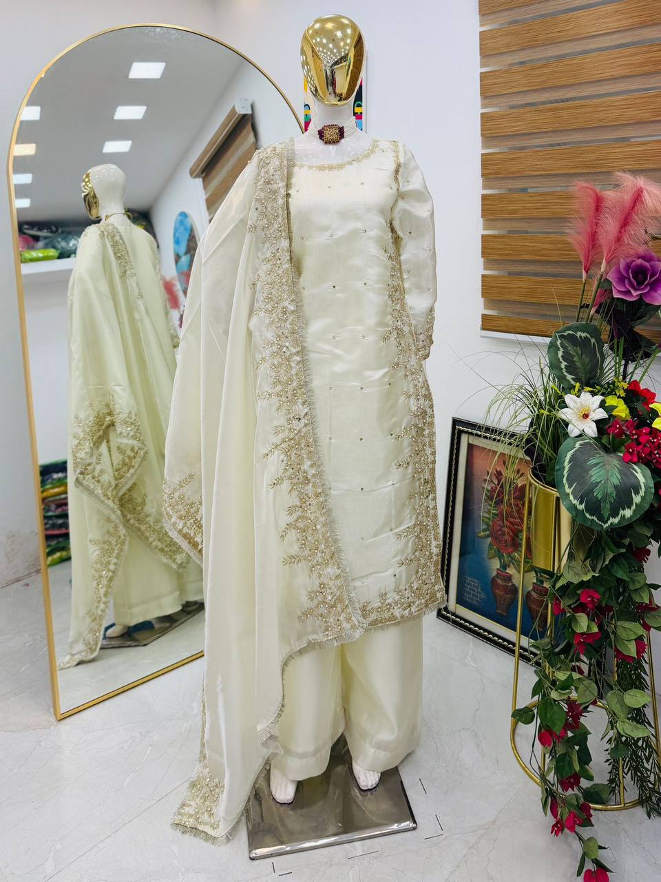 White Color Party Wear Embroidery Work Palazzo Suit