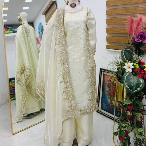 White Color Party Wear Embroidery Work Palazzo Suit