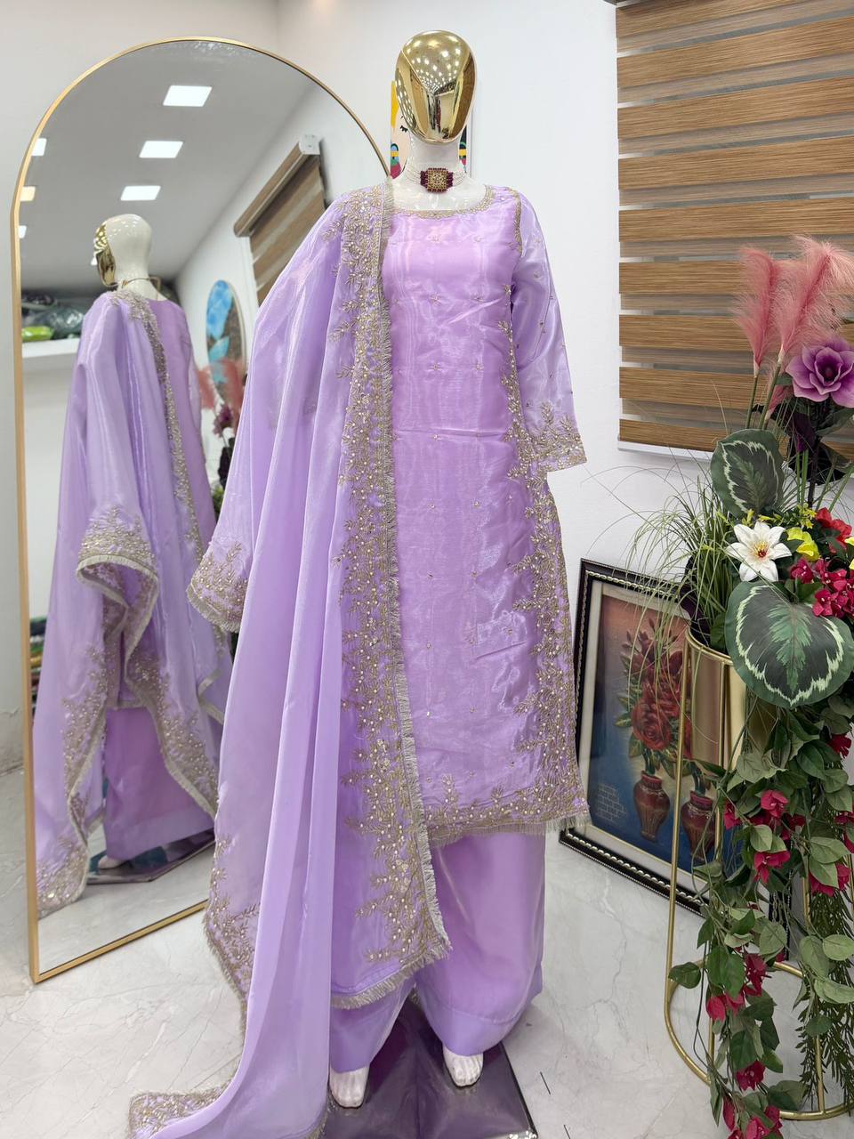 Lavender Color Party Wear Embroidery Work Palazzo Suit