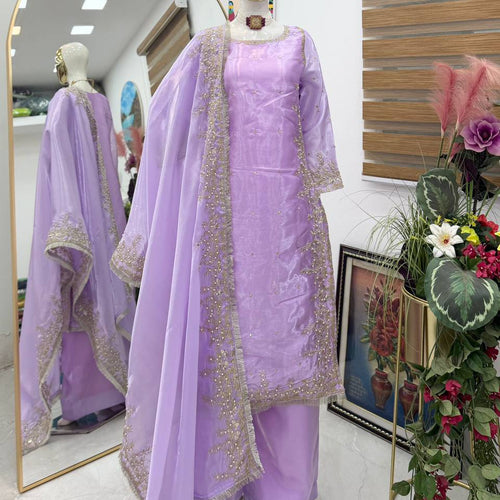 Lavender Color Party Wear Embroidery Work Palazzo Suit