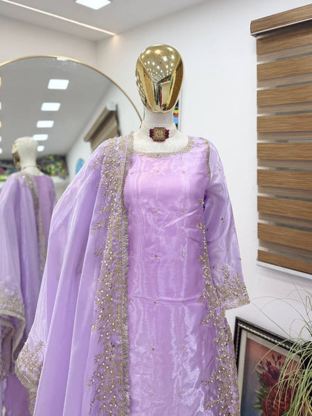 Lavender Color Party Wear Embroidery Work Palazzo Suit