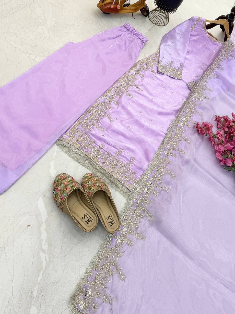 Lavender Color Party Wear Embroidery Work Palazzo Suit