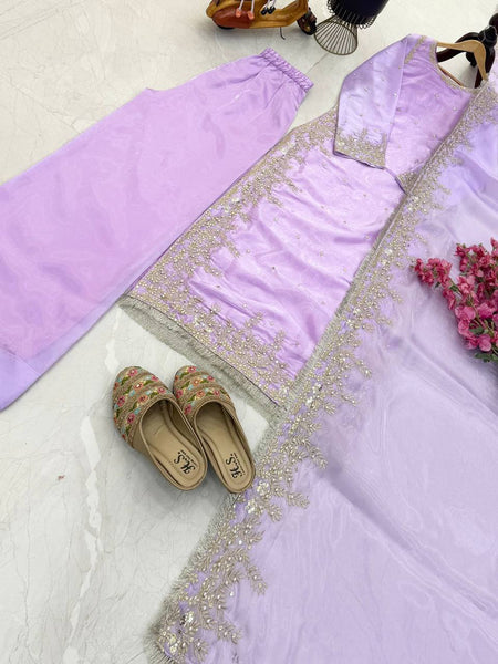 Lavender Color Party Wear Embroidery Work Palazzo Suit