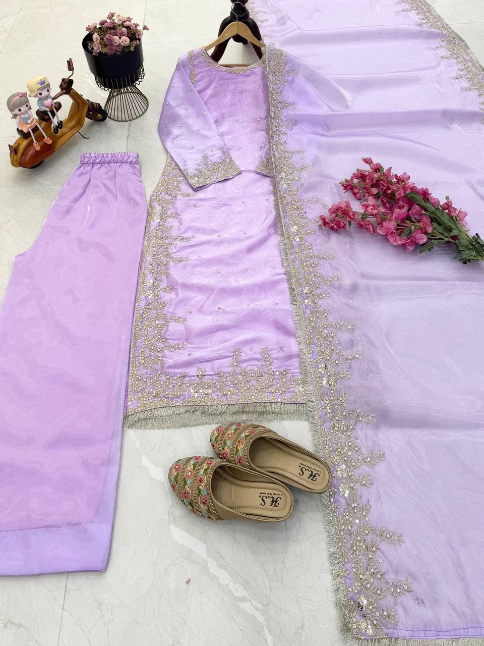 Lavender Color Party Wear Embroidery Work Palazzo Suit
