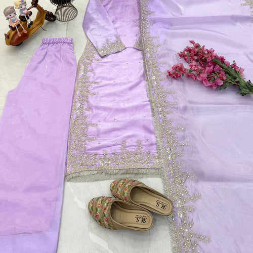 Lavender Color Party Wear Embroidery Work Palazzo Suit