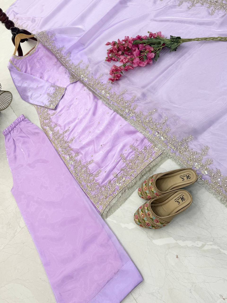 Lavender Color Party Wear Embroidery Work Palazzo Suit