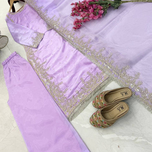 Lavender Color Party Wear Embroidery Work Palazzo Suit