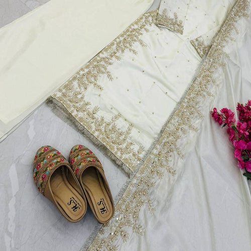 White Color Party Wear Embroidery Work Palazzo Suit