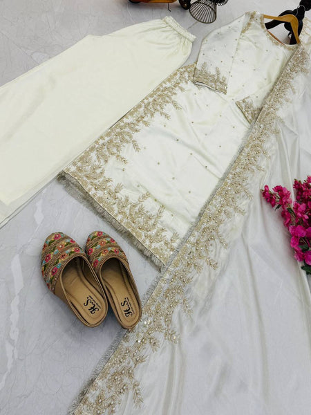 White Color Party Wear Embroidery Work Palazzo Suit