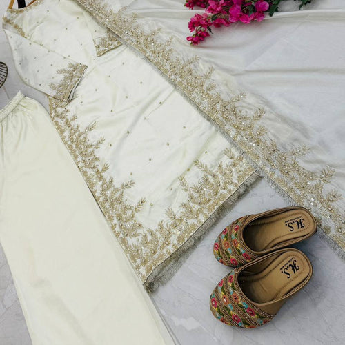 White Color Party Wear Embroidery Work Palazzo Suit
