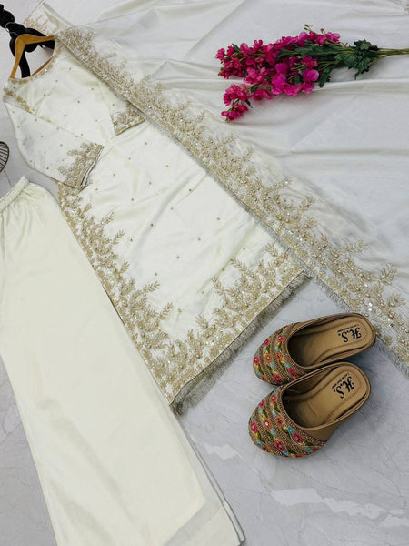 White Color Party Wear Embroidery Work Palazzo Suit