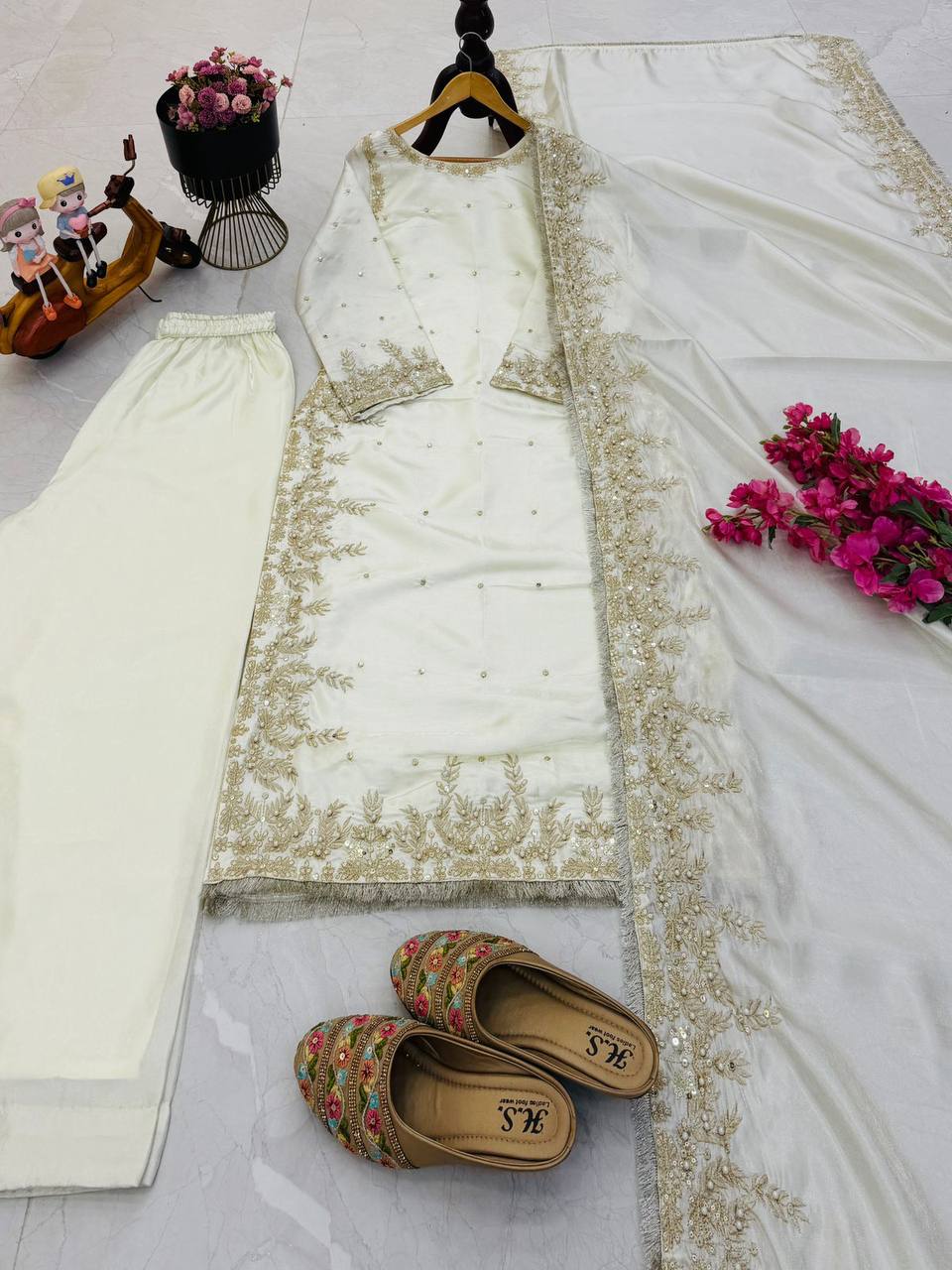 White Color Party Wear Embroidery Work Palazzo Suit