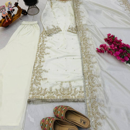 White Color Party Wear Embroidery Work Palazzo Suit