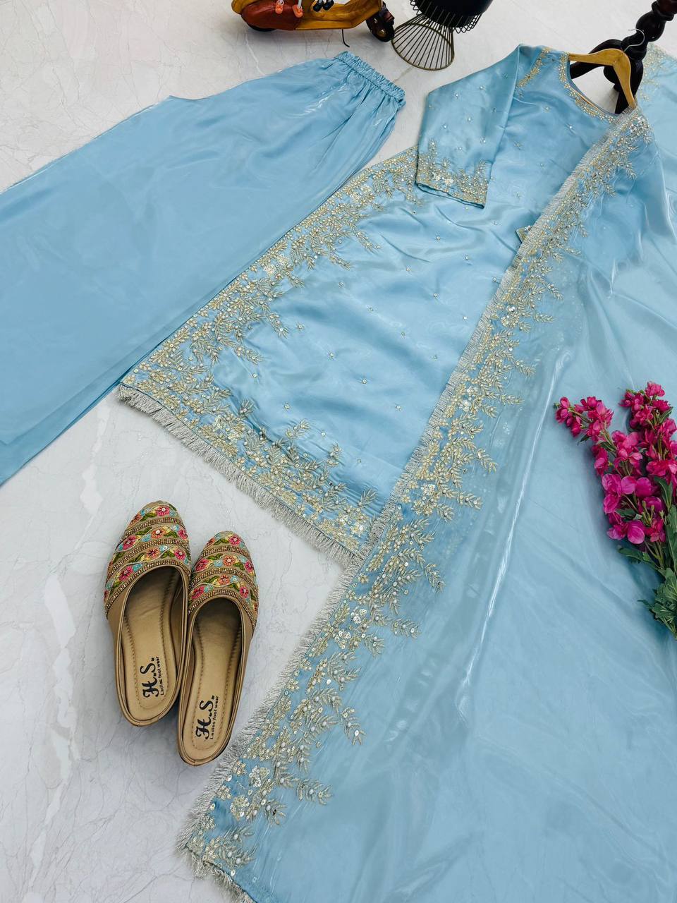 Sky Color Party Wear Embroidery Work Palazzo Suit