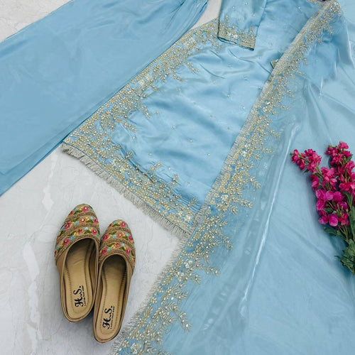 Sky Color Party Wear Embroidery Work Palazzo Suit