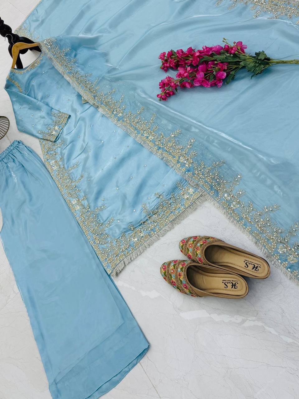 Sky Color Party Wear Embroidery Work Palazzo Suit