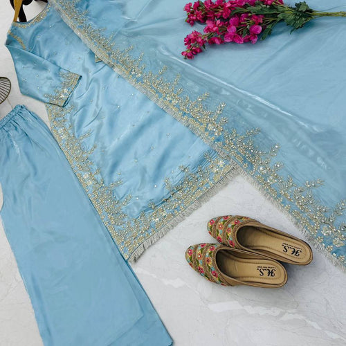 Sky Color Party Wear Embroidery Work Palazzo Suit