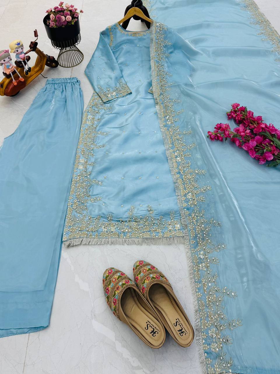 Sky Color Party Wear Embroidery Work Palazzo Suit