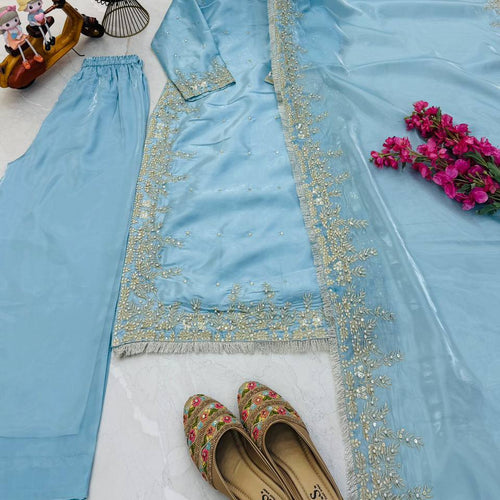Sky Color Party Wear Embroidery Work Palazzo Suit