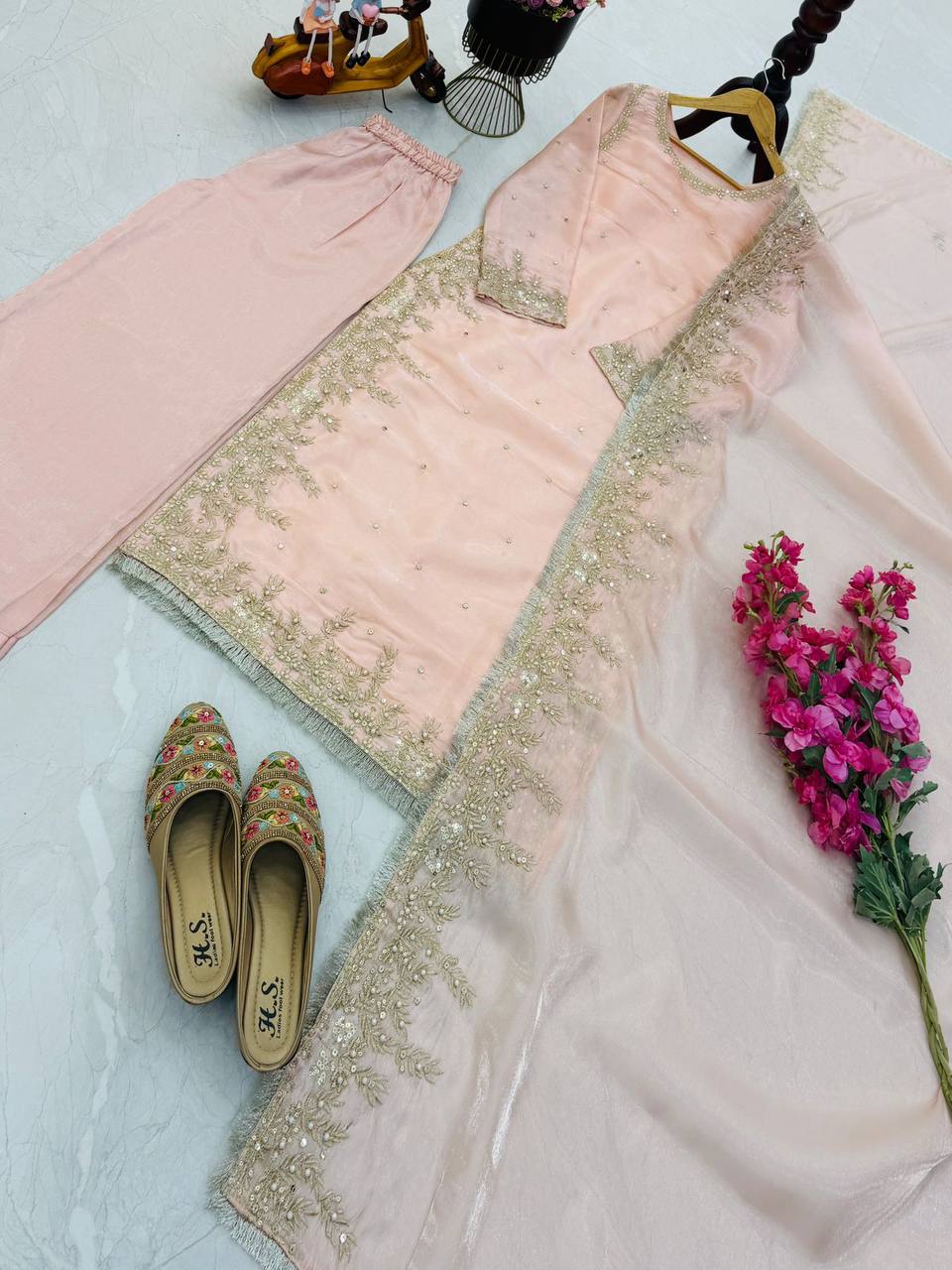 Peach Color Party Wear Embroidery Work Palazzo Suit
