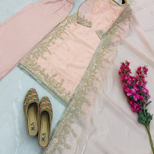 Peach Color Party Wear Embroidery Work Palazzo Suit