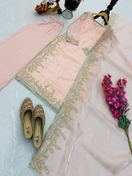Peach Color Party Wear Embroidery Work Palazzo Suit