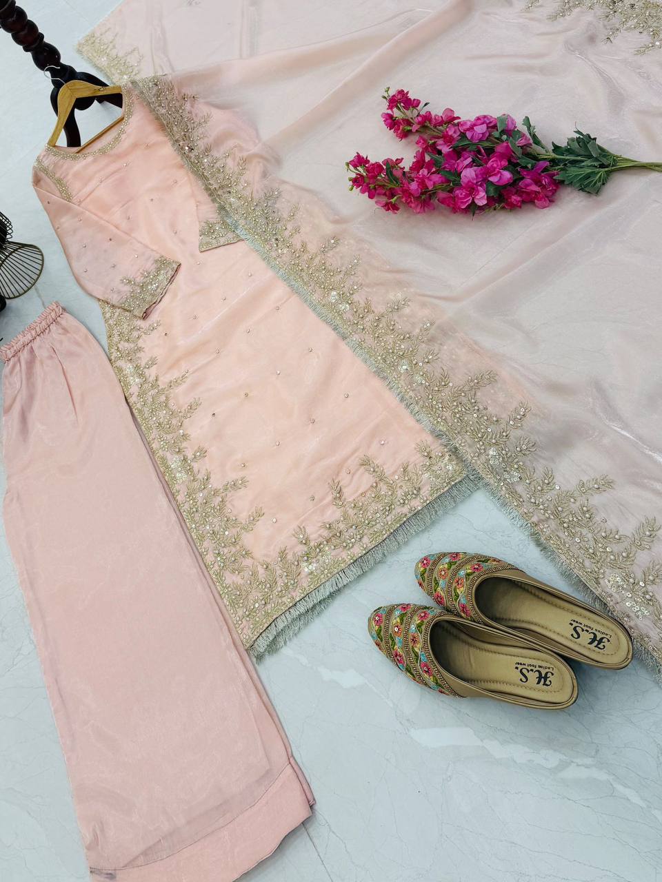 Peach Color Party Wear Embroidery Work Palazzo Suit
