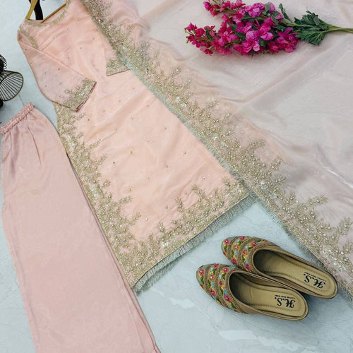 Peach Color Party Wear Embroidery Work Palazzo Suit