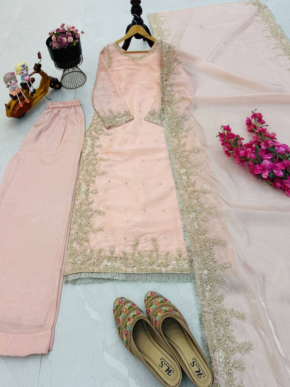 Peach Color Party Wear Embroidery Work Palazzo Suit