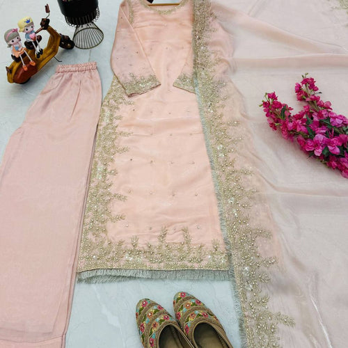 Peach Color Party Wear Embroidery Work Palazzo Suit