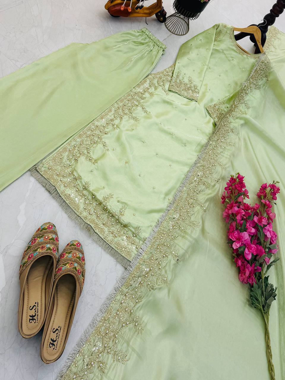 Pista Green Color Party Wear Embroidery Work Palazzo Suit