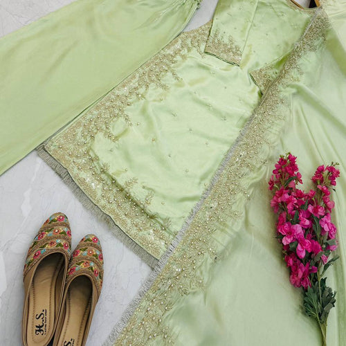 Pista Green Color Party Wear Embroidery Work Palazzo Suit